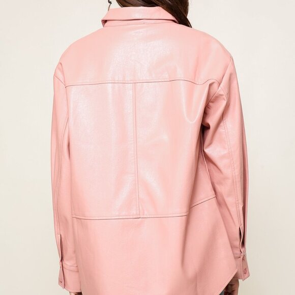LUMIERE Pink Faux Leather Shacket, Oversized Button-Down Shirt Jacket, Fall L - Picture 2 of 5